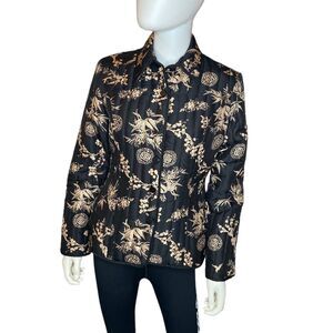 Vintage Carole Little Black Silk Asian Floral Lightweight Puffer Jacket sz S